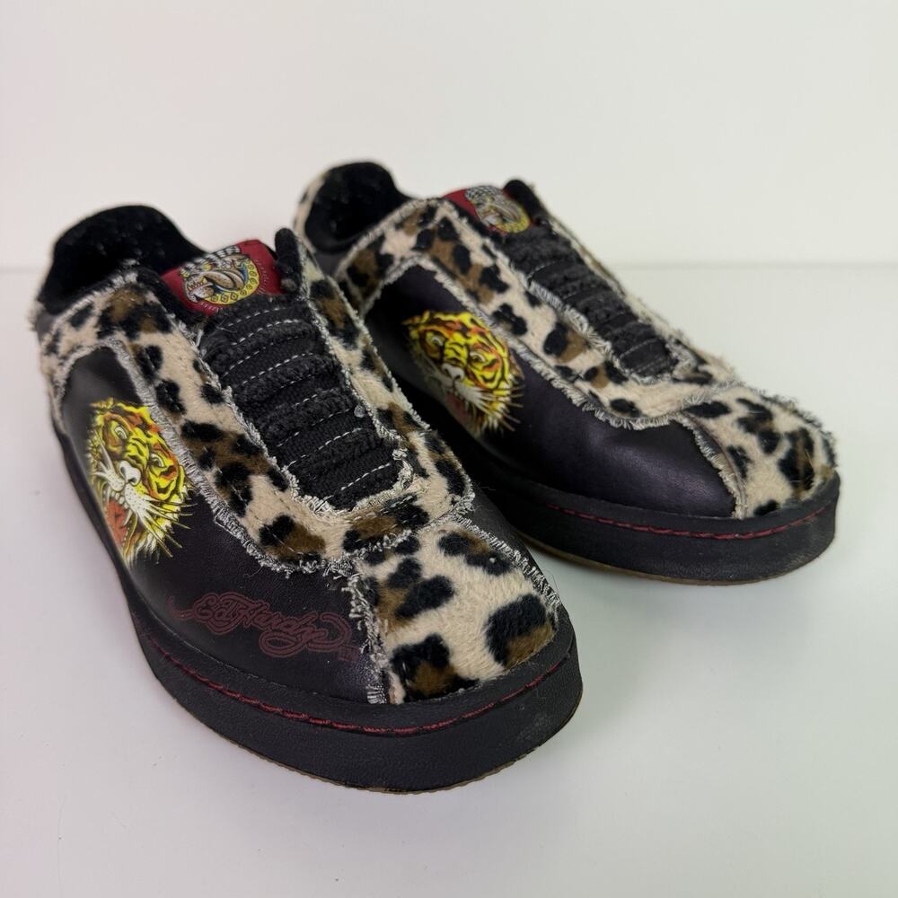 Vintage Y2K Ed Hardy Furry Leopard Tiger Platform Sneakers Women's 6 Black Shoes